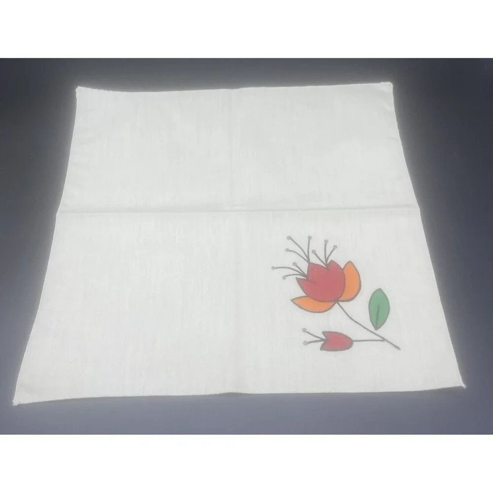Cream Cloth Napkins W/ Bright Stenciled Flowers Orange Red Flowers 14.5” - 4‎